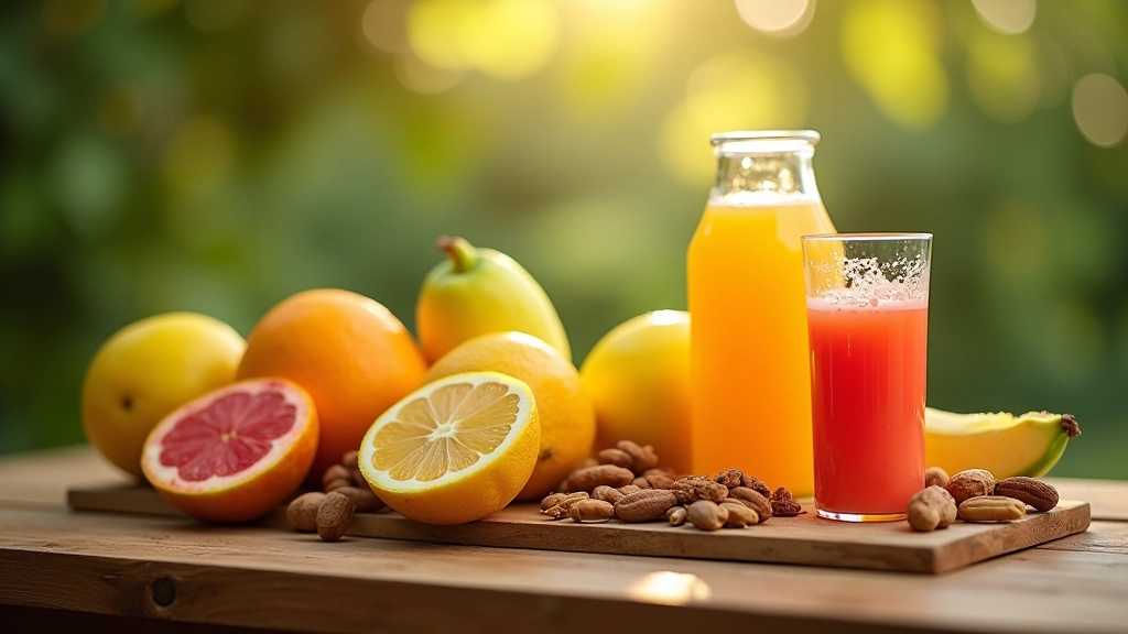 طاولة مع أنواع مختلفة من الفواكه والمكسرات والمشروبات الرياضية